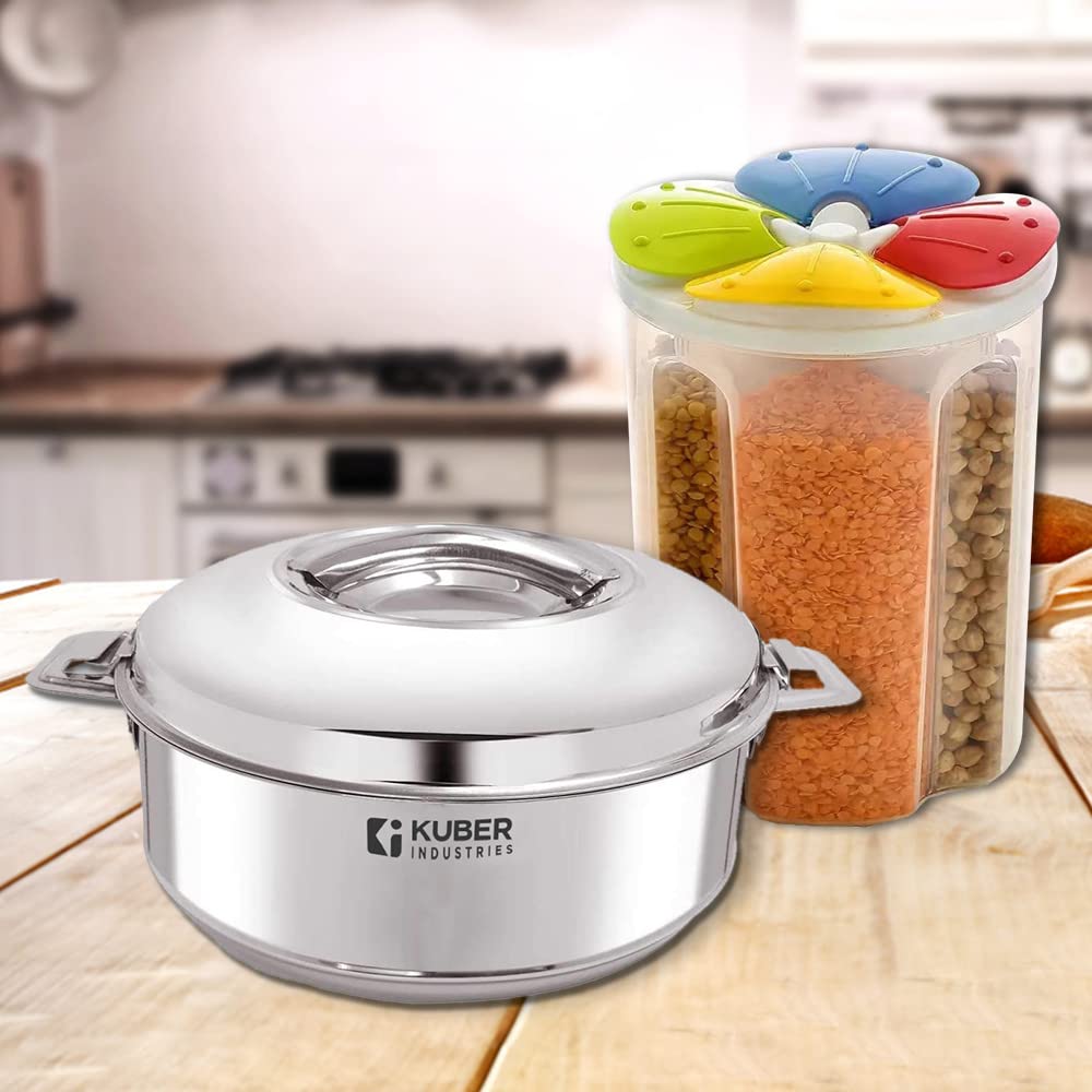 Kuber Industries Stainless Steel Casserole & 4 in 1 Container I Hot Pot/Chapati Box (2000 ML) | Utility Container (200ML) | Double Walled Heat Retention(8 hrs) I BPA Free Food with Lid,(Transparent)
