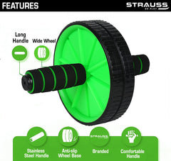 Strauss Double Wheel Ab & Exercise Roller | Anti-Skid Wheel Base, Non-Slip Stainless Steel Handles & Knee Mat | Ideal for Home, Gym workout for Abs, Tummy, (Green)