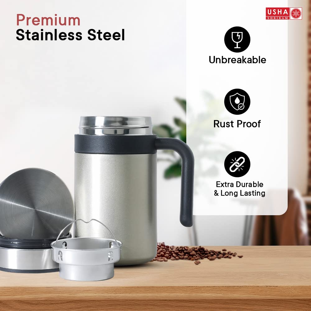 USHA SHRIRAM Insulated Stainless Steel Coffee Mug with Lid and Handle ...