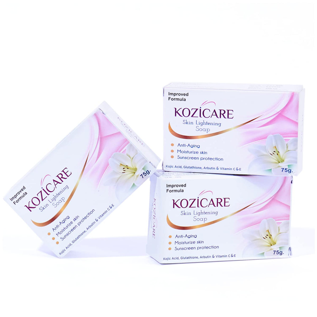 Kozicare Skin Lightening Soap, 75g (Pack of 3) Sunscreen Protection, Contains Goodness of 0.50% Kojic Acid, 0.50% Arbutin, 0.50% Vitamin C, 0.50% Vitamin E, 0.30% Glutathione