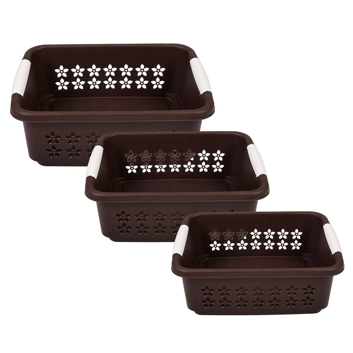 Kuber Industries Multipurpose Rectangle Shape Plastic Storage Basket for Kitchen, Fruit Basket, Office Table, Storage Organizer Small, Medium, Large Pack of 3 (Brown)