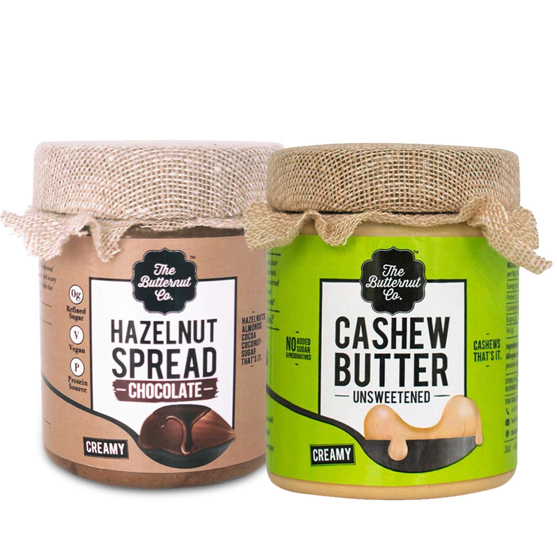 The Butternut Co. Cashew Butter Unsweetened & Chocolate Hazelnut Spread Creamy, 200 gm each - Pack of 2 (No Added Sugar, Vegan, High Protein, Keto)