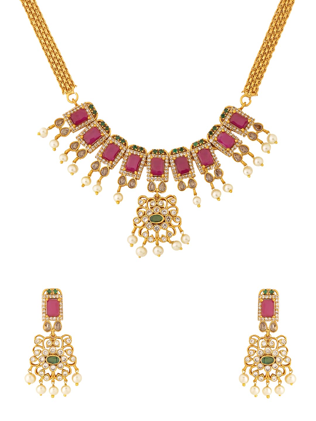 Yellow Chimes Jewellery Set For Women Gold Tone CZ AD/American Diamond Studded Pearl Hanging Bridal Traditional Choker Necklace Set For Women and Girls