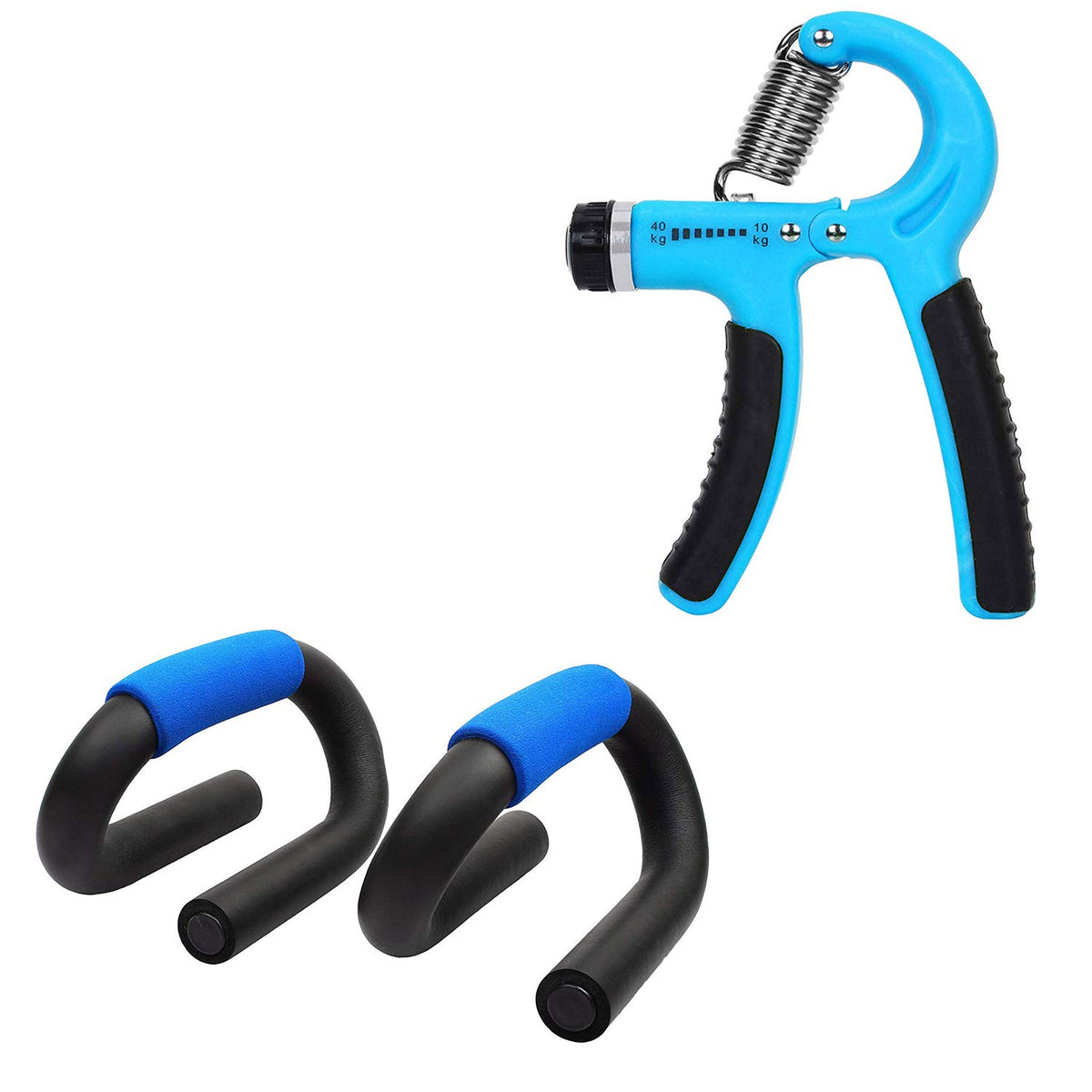 Strauss Power Push up Bar, (Black/Blue) and Adjustable Hand Grip Strengthener, (Black/Blue)