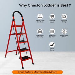 Cheston Foldable GI Steel 5-Steps Home Ladder | 5.6 Feet Anti-Skid Step Ladder with Wide Pedal & Hand Grip | Shock-Resistant Foldable Ladder for Home Use | Supports 150+ Kgs | Red 5 Step (5 Step)