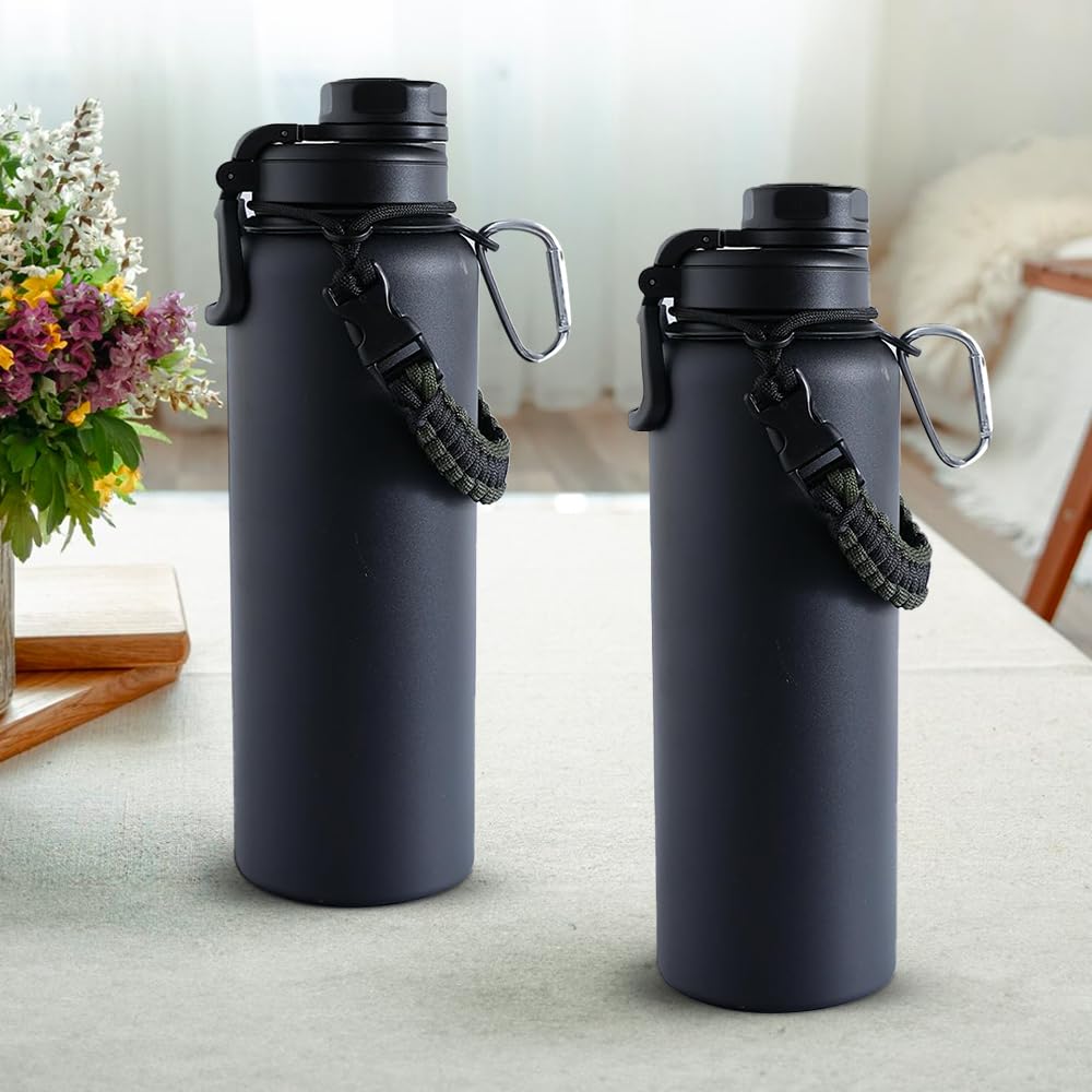 The Better Home Pack of 2 Stainless Steel Insulated Water Bottles | 960 ml Each | Thermos Flask Attachable to Bags & Gears | 6/12 hrs hot & Cold | Water Bottle for School Office Travel | Black