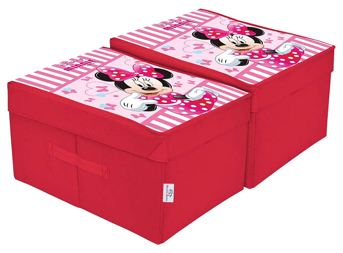 Heart Home Disney Minnie Print Foldable Storage Box|Clothes Storage Basket With Handle & Lid For Toys 45 Ltr.,Pack of 2 (Pink)