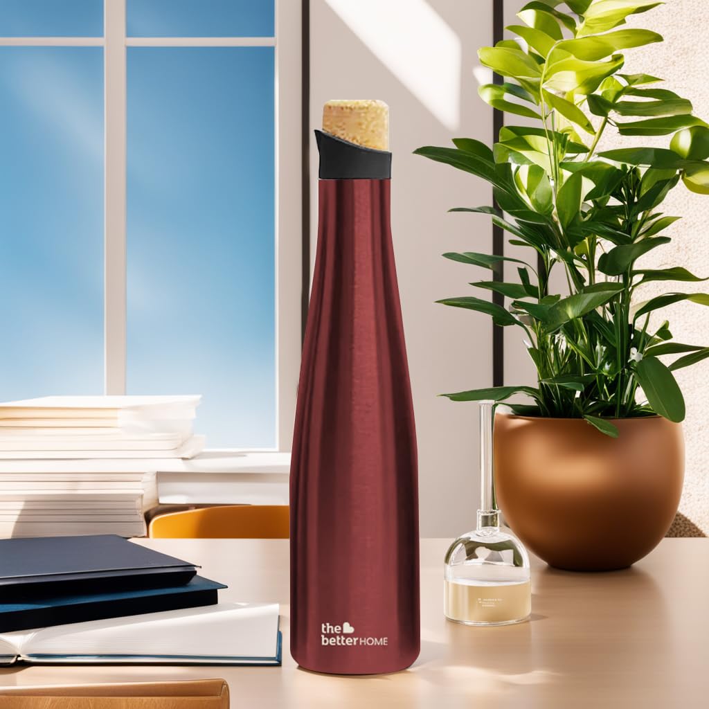 The Better Home Insulated Stainless Steel Water Bottle 500ml | 18 Hours Insulation Cork Cap | Hot Cold Gym Office School | Airtight Leak Proof BPA Free | Wine Colour | 1 Bottle Pack