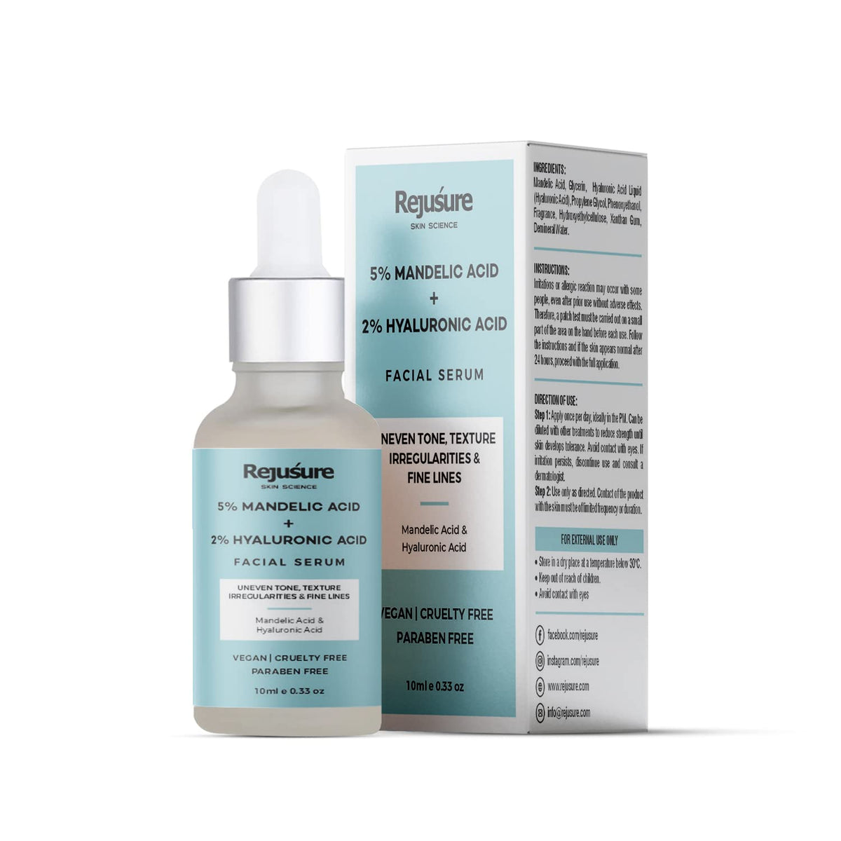 Rejusure Mandelic Acid 5% + Hyaluronic Acid 2% Face Serum for Uneven Tone, Texture Irregularities & Fine Line | For Men & Women | Cruelty Free & Dermatologist Tested – 10ml