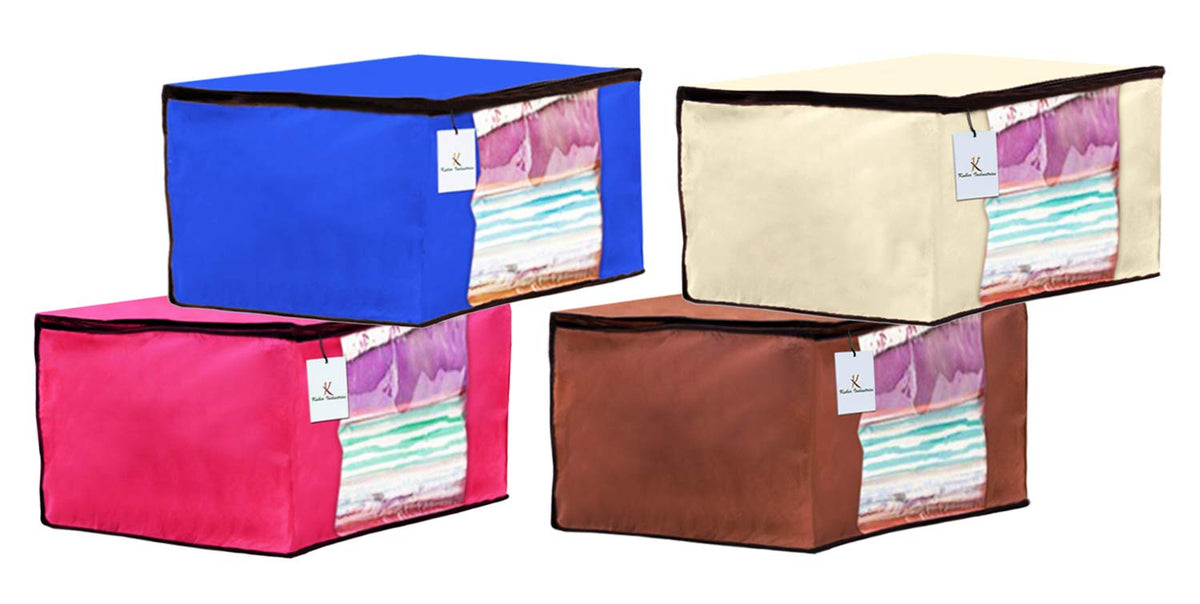 Kuber Industries 4 Piece Non Woven Fabric Saree Cover Set with Transparent Window, Extra Large, Pink,Royal Blue,Ivory,Dark brown-CTKTC23702