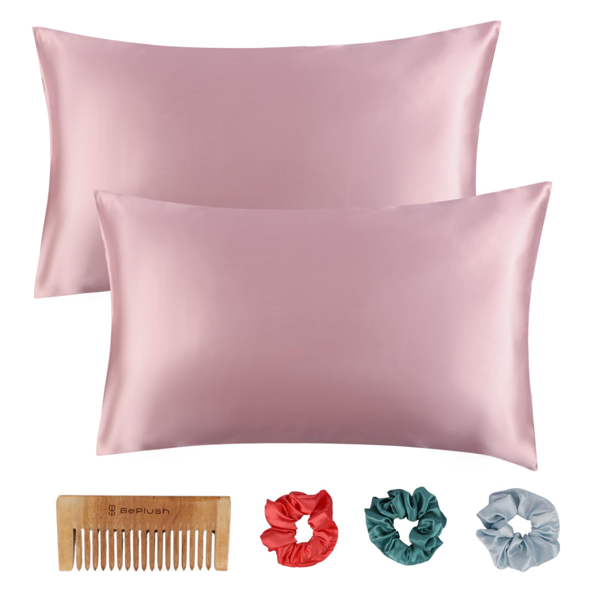 BePlush Satin Pillow Cover Set Of 2 with Envelope Closure and 3 Satin Scrunchies | Silk Pillow Cover for Hair and Skin Care | Includes 1 Wooden Comb | Hair & Skin Care Gift Combo | 400TC | Peach