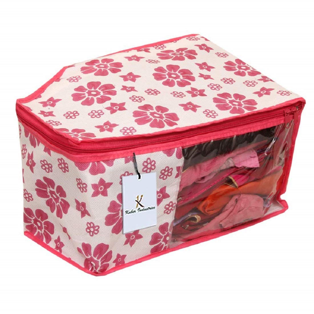 Kuber Industries Flower Design Non Woven 4 Piece Saree Cover/Cloth Wardrobe Organizer and 4 Pieces Blouse Cover Combo Set (Pink) -CTKTC038442