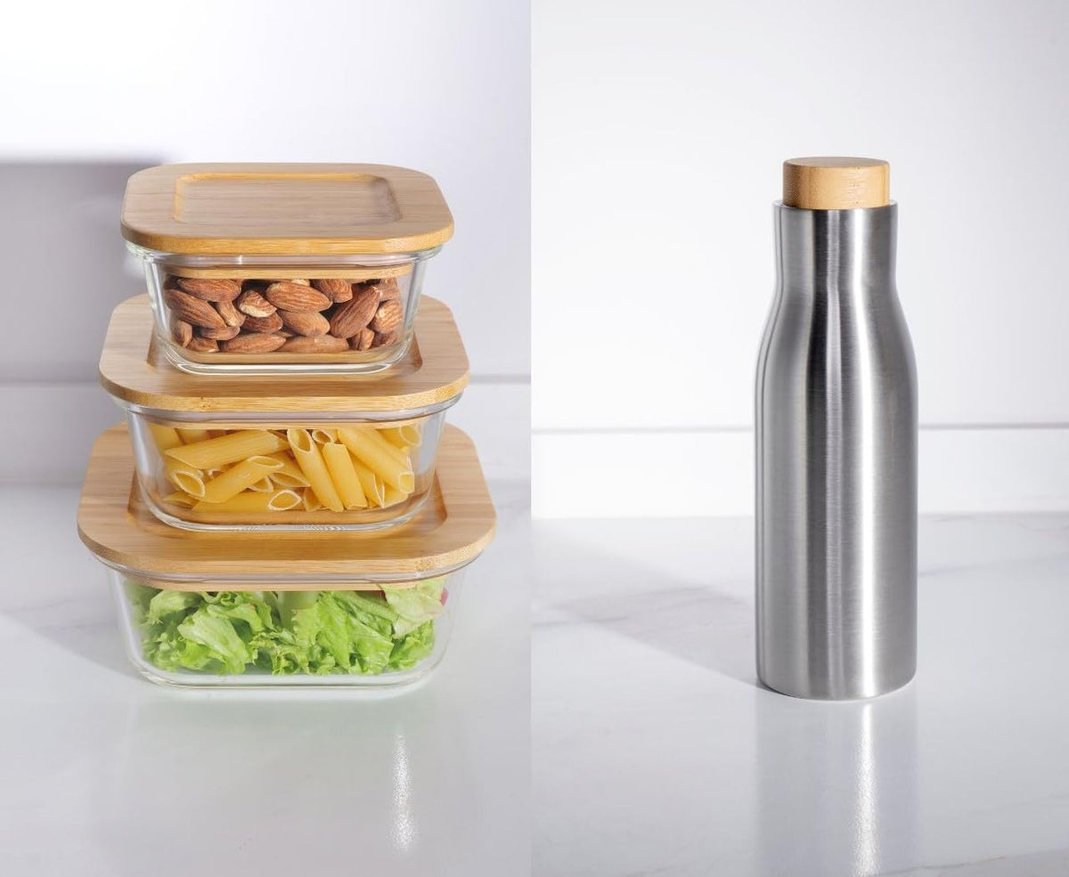 USHA SHRIRAM Borosilicate Food Container Insulated Steel Bottle With Bamboo Lid |Borsilicate Glass Container For Kitchen Storage | Microwave Safe (Square)