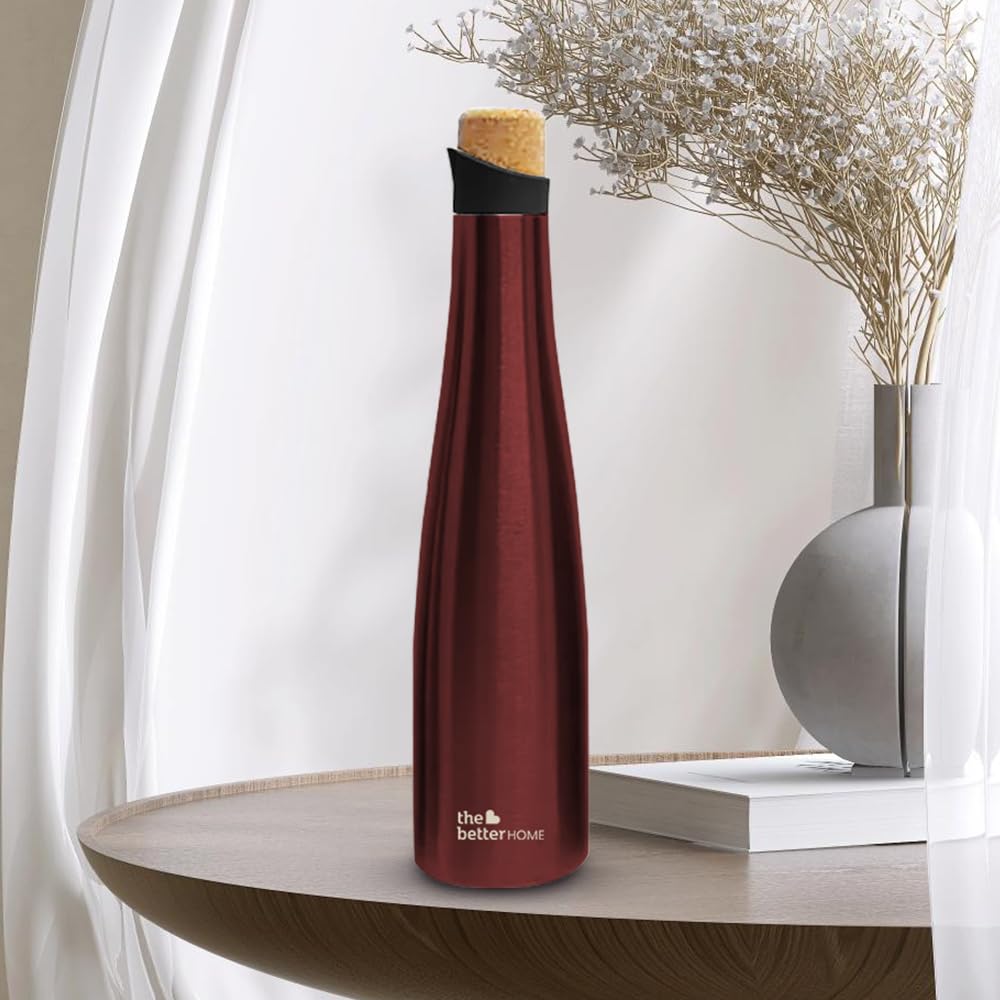 The Better Home Insulated Stainless Steel Water Bottle with Cork Cap 750ml | 18 Hours Insulation - Leak Proof - Hot Cold Water | BPA Free | Ideal for Office School Gym | Wine Coloured Bottle