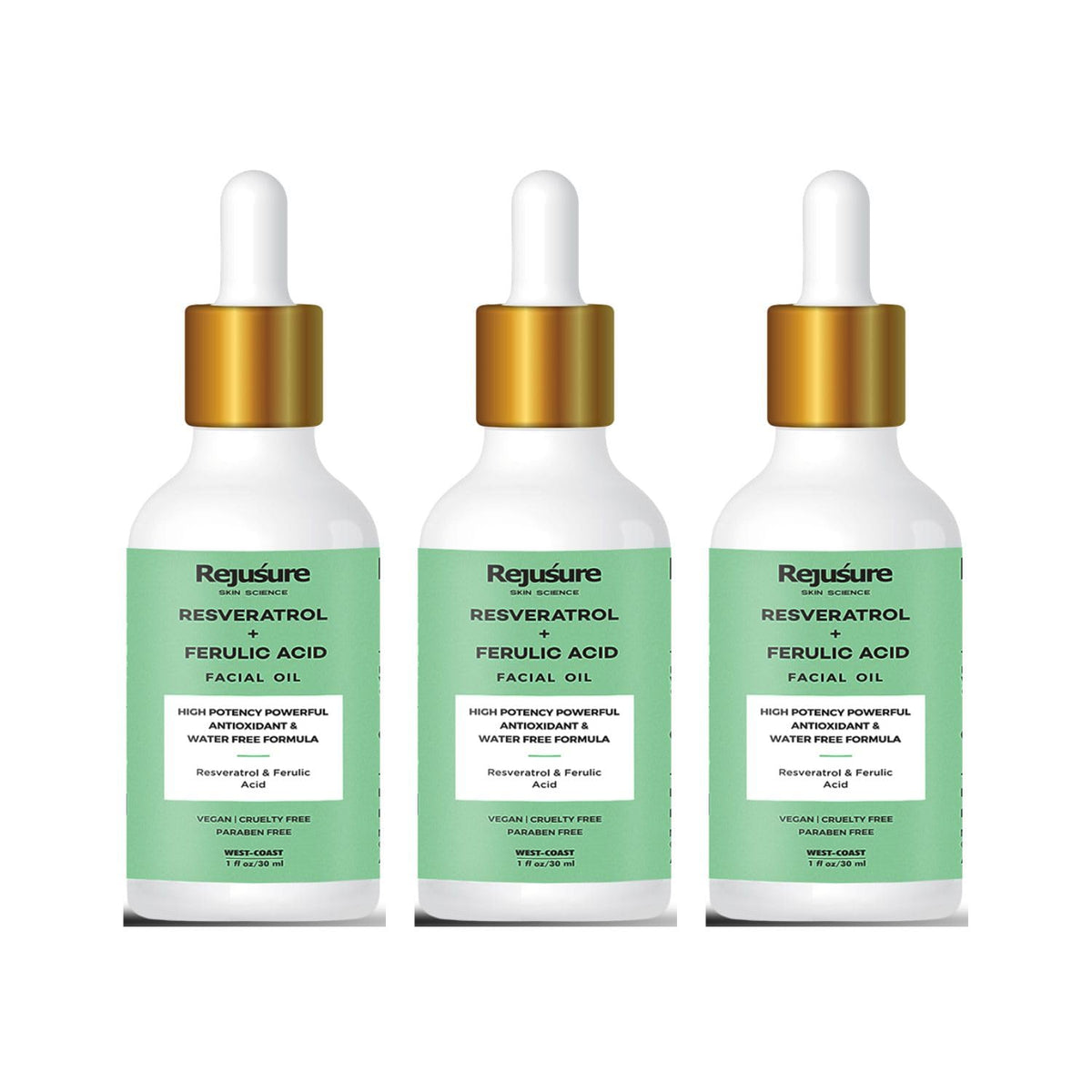 Rejusure Resveratrol & Ferulic Acid Facial Oil High Potency Powerful Antioxidant & Water Free Formula- 30ml (Pack of 3)