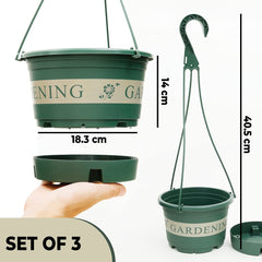 Kuber Industries Plastic Flower Pot|Indoor & Outdoor Hanging Planter|Durable & Lightweight|Water Drainage Holes|Hanging Pots for Plants Balcony Railing|Office Decor|Large|DP-2414|Set of 3|Green