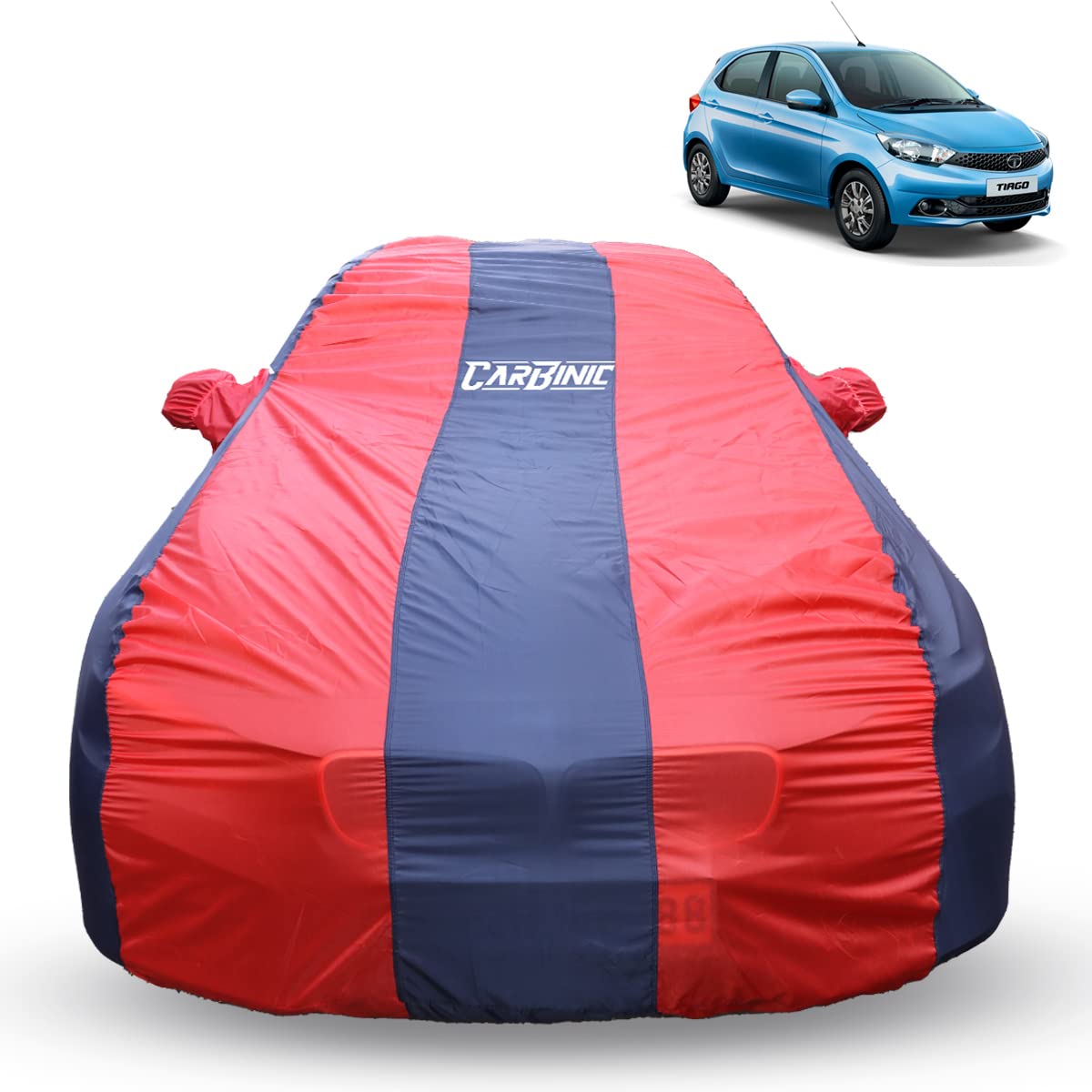 CarBinic Car Cover for Tata Tiago 2021 Water Resistant (Tested)& Dustproof Custom Fit UV Heat Resistant Outdoor Protection with Triple Stitched Fully Elastic Surface | Blue & Red with Pockets