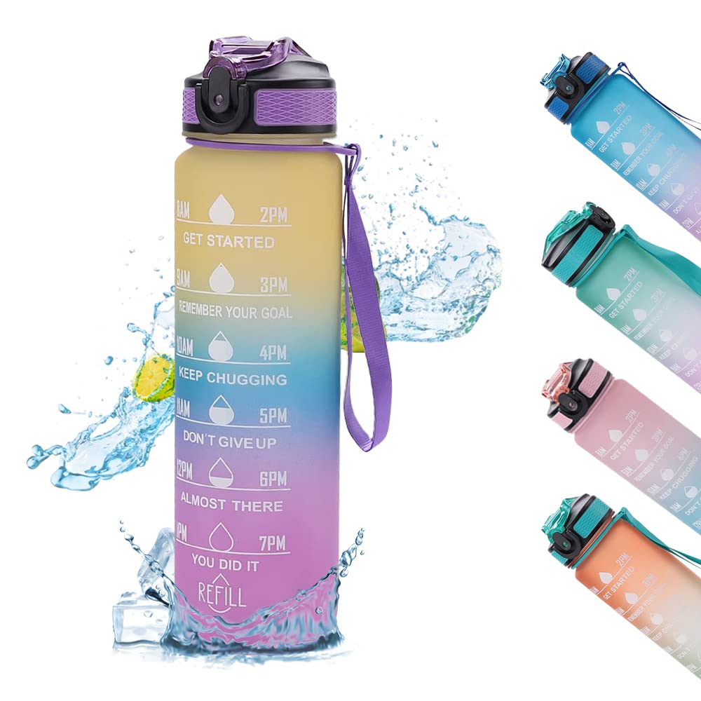 Urbane Home Motivational Water Bottle with Time Marker | Sipper Water Bottle for Kids & Adults with Straw | For Gym, Home, Office & School | Yellow Purple -1 L