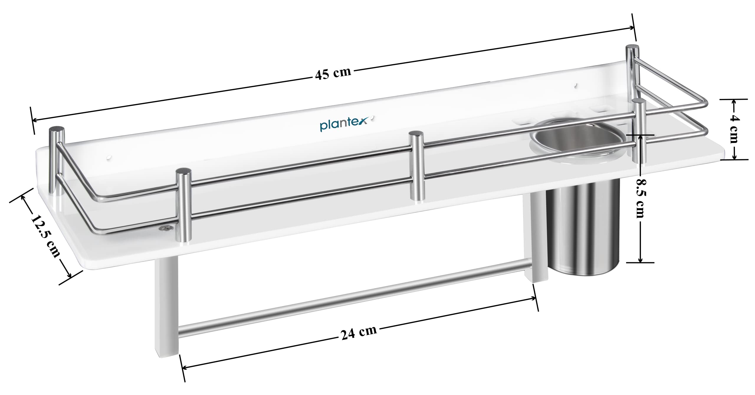 Plantex Acrylic 3 in 1 Multipurpose Bathroom Shelf/Rack/Towel Hanger/Tumbler Holder/Bathroom Accessories-White(18 x 5 Inches)