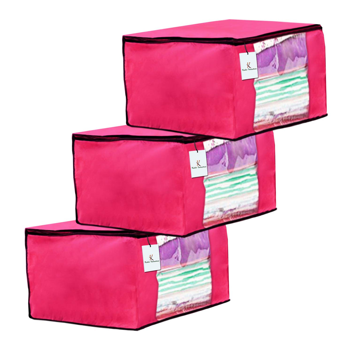 Kuber Industries 3 Piece Non Woven Fabric Saree Cover Set with Transparent Window, Extra Large, Pink-CTKTC23670
