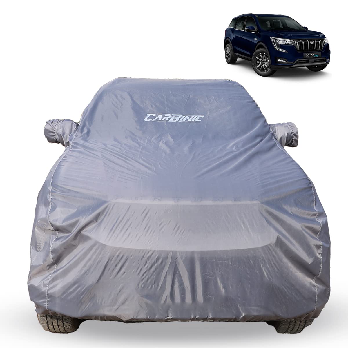 CARBINIC Car Body Cover for Mahindra XUV700 2021 | Water Resistant, UV Protection Car Cover | Scratchproof Body Shield | Dustproof All-Weather Cover | Mirror Pocket & Antenna | Car Accessories, Grey