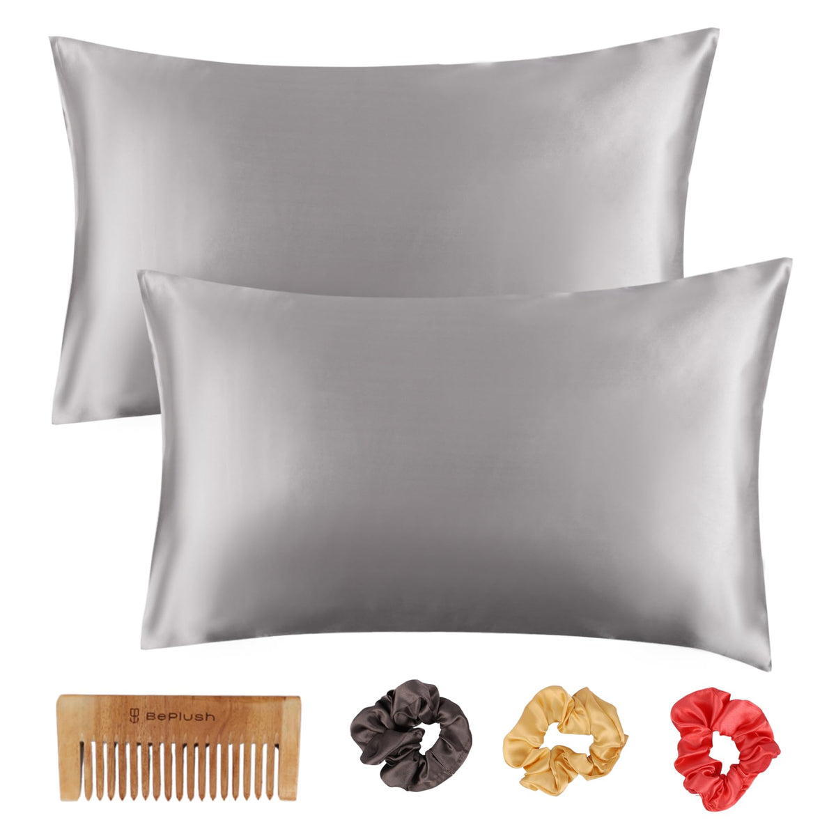 BePlush Satin Pillow Cover Set Of 2 with Envelope Closure and 3 Satin Scrunchies | Silk Pillow Cover for Hair and Skin Care | Includes 1 Wooden Comb | Hair & Skin Care Gift Combo | 400TC | Silver Grey