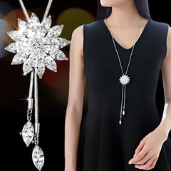 Yellow Chimes Long Chain Necklace for Women Diamond Sparkling Crystal Flower Long Chain Pendant Necklace for Women and Girls.