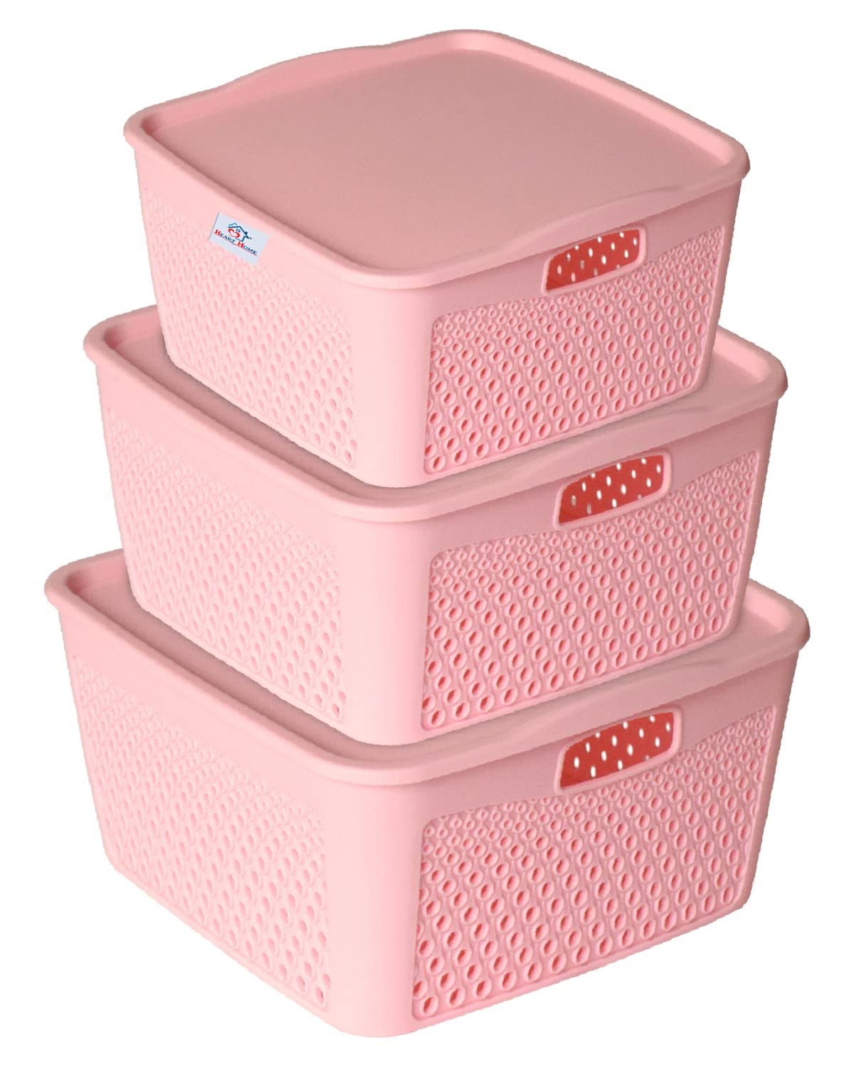 Heart Home Netted Design Unbreakable Multipurpose Square Shape Plastic Storage Baskets with lid Small, Medium, Large Pack of 3 (Pink)