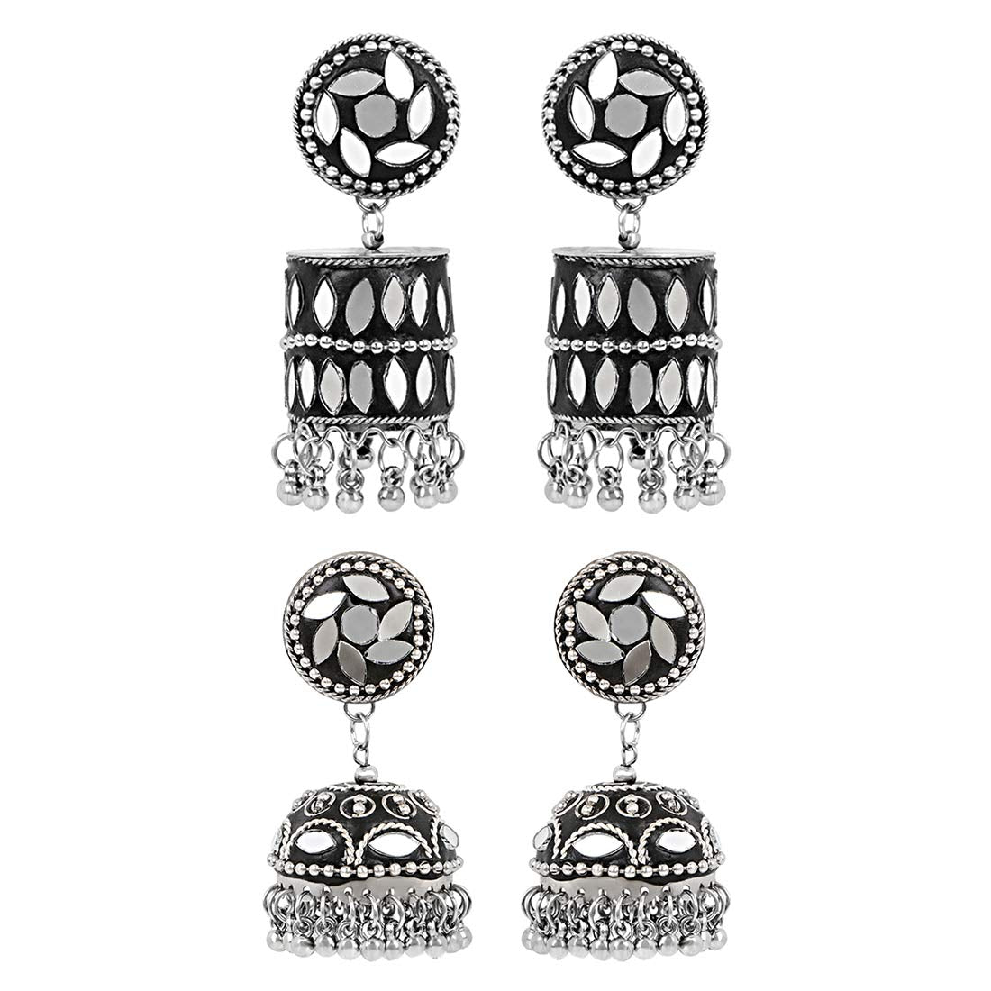 Yellow Chimes Combo of 2 Pairs Traditional Silver Oxidised Mirror Worked Jhumka Jhumki Earrings for Women and Girls