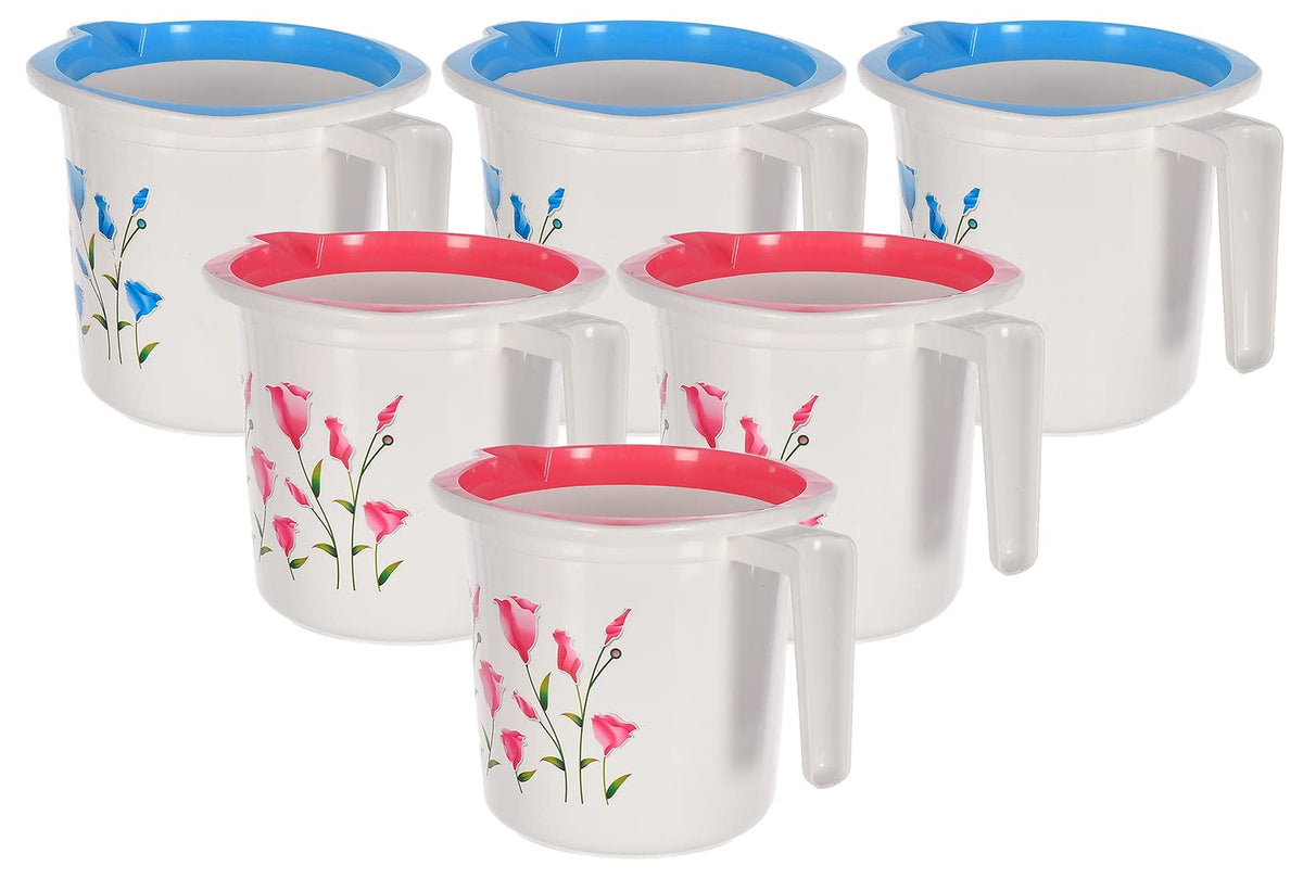 Heart Home Floral Print Plastic Bathroom Mug 1.5 Litre- Pack of 6 (Blue & Pink)-46HH0203