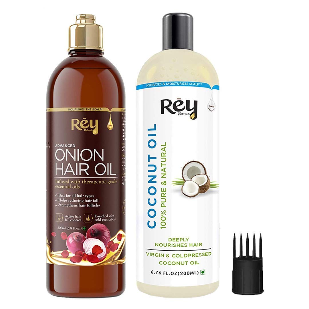 Rey Naturals® hair oils combo (Coconut oil + Onion oil) controls hairfall - For healthy hair - No Mineral Oil, Silicones & Synthetic Fragrance