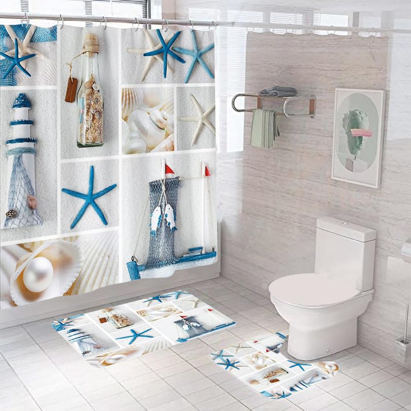Encasa Shower Curtain & Bathmat 3 Pcs Set| Curtain 180x180 cm, Mats 45x75 cm, 45x37.5 cm| Creative Vibrant Coloured Polyster Curtain Sets with Non-Slip Bath mats for Bathroom| Nautical Blue