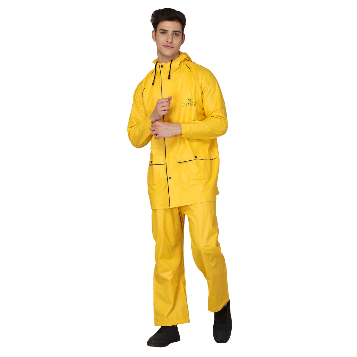 THE CLOWNFISH Oceanic Men's Waterproof PVC Raincoat with Hood and Reflector Logo at Back for Night Travelling. Set of Top and Bottom (Black, XL)