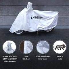 CARBINIC Bike Cover - Universal | 100% Waterproof (Tested) And Dustproof UV Protection for All Two Wheeler (Bikes/Scooty ) with Carry Bag & Mirror Pockets | Silver