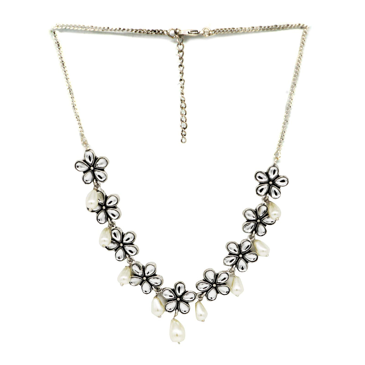 TEEJH Abhita Floral Polki Silver Oxidized Necklace for Women