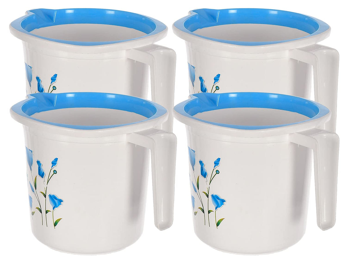 Kuber Industries Floral Print Plastic Bathroom Mug 1.5 Litre Pack of 4 (Blue)-46KM0195, Standard