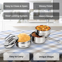 Urbane Home Clipper Stainless Steel Tiffin Box | Lunch Box with Locking Clip I Silver | Set of 3 Box | Everyday use Home Office Steel Lunch Box (3 Container, 1000ml)