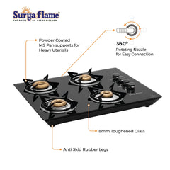Surya Flame Apollo Round Hob Top | Manual Glass Stove with Spill Proof Desing & Jumbo Burner | 2 Years Complete Doorstep Warranty - Black (4 Burner, 2)
