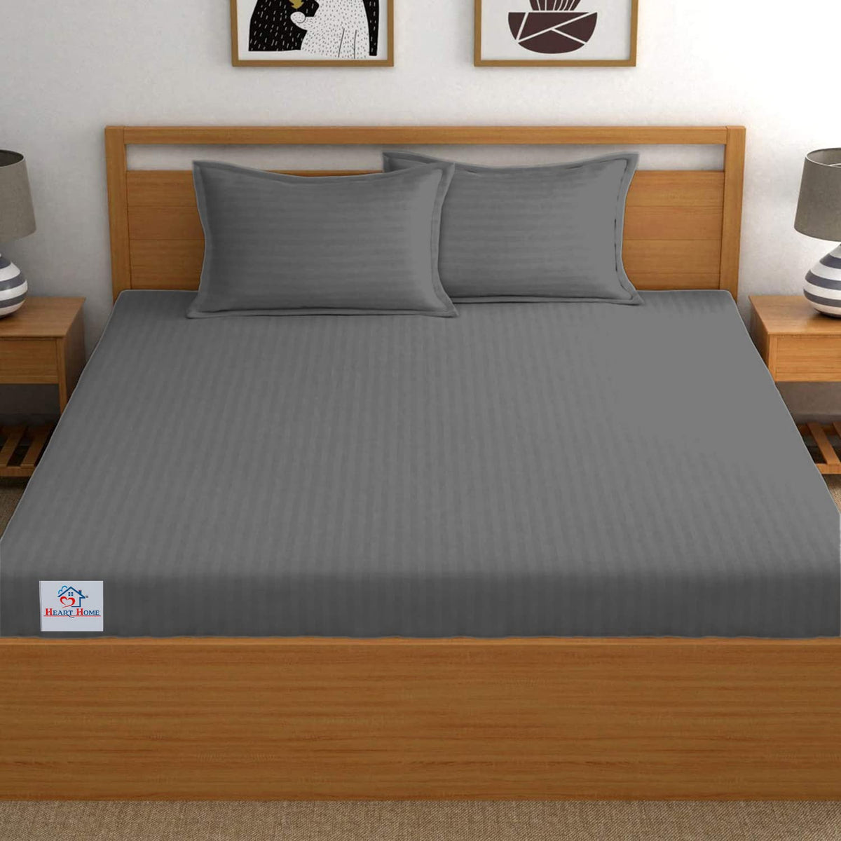 Heart Home Lining Design Luxurious Soft Breathable & Comfortable Cotton Double Bedsheet with 2 Pillow Covers, 90"x100" (Grey)-50HH01934