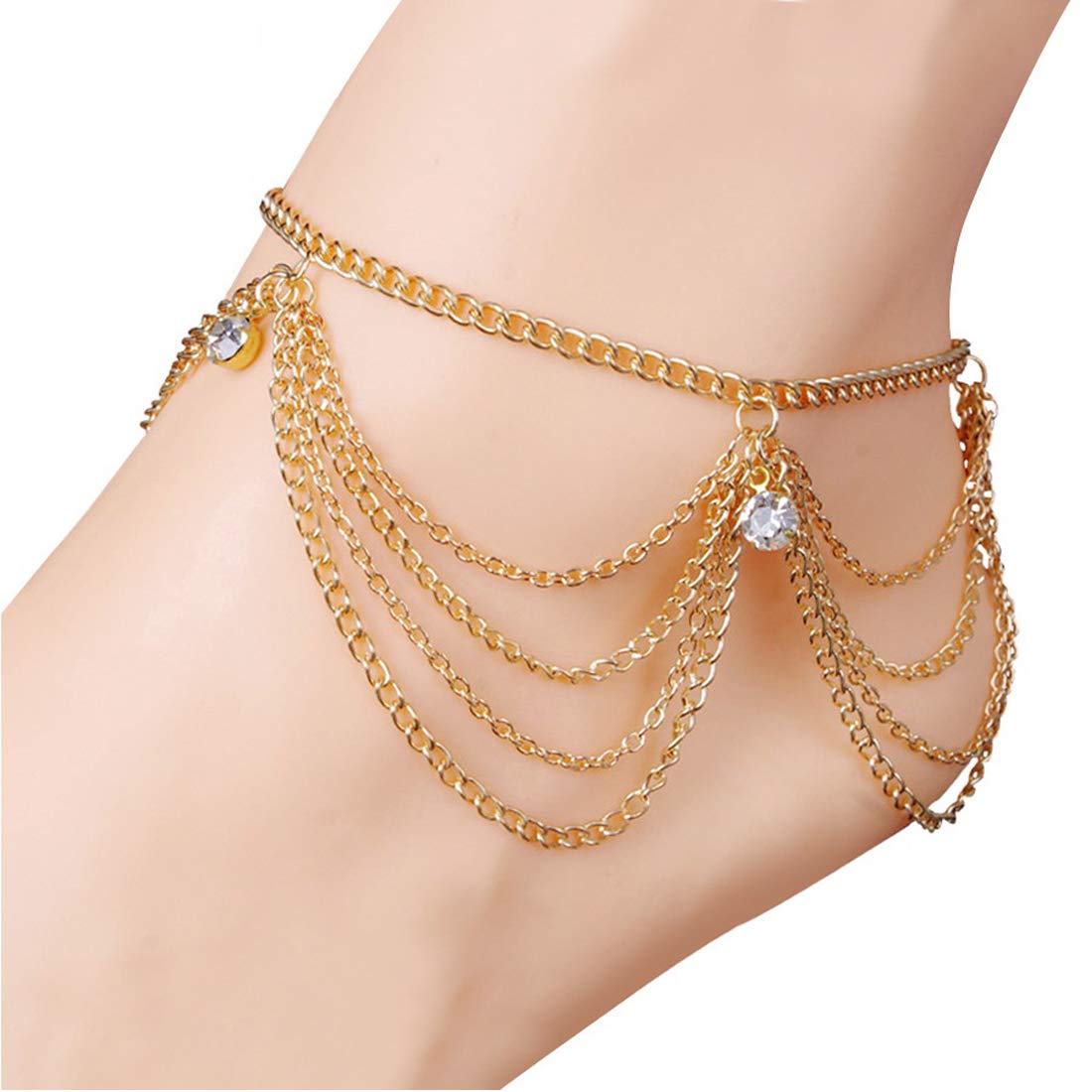 Yellow Chimes Chain Tassel Crystal Gold Plated Traditional Payal 2 Pc Anklets for Women and Girls