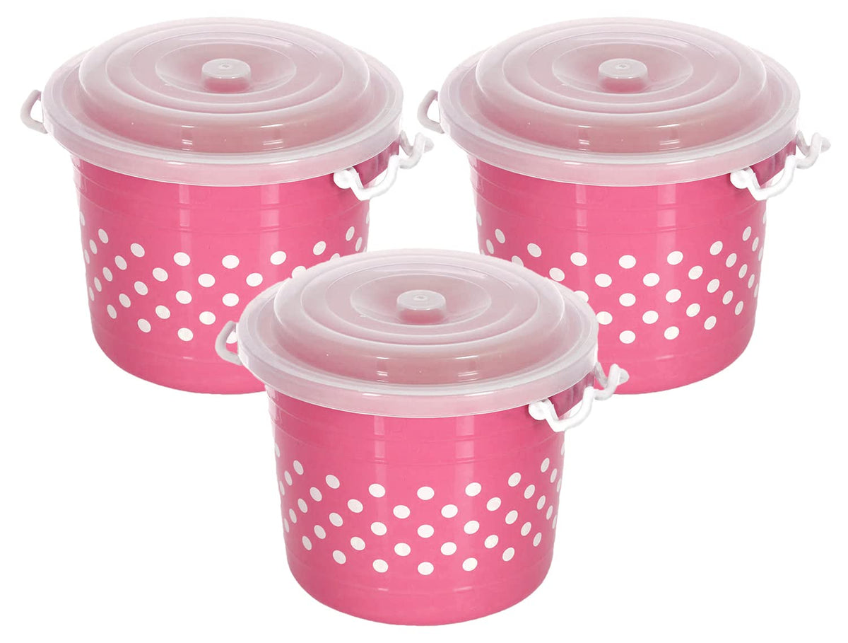 Heart Home Dot Printed Multiuses Plastic Kitchen & Pantry Storage Container with Lock Handle & Lid, 11 Liter- Pack of 3 (Pink)-47HH01125