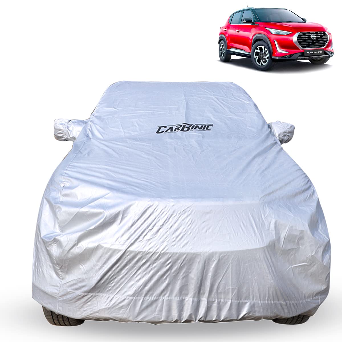 CarBinic Car Cover for Nissan Magnite 2022 Waterproof (Tested) and Dustproof Custom Fit UV Heat Resistant Outdoor Protection with Triple Stitched Fully Elastic Surface | Silver with Pockets