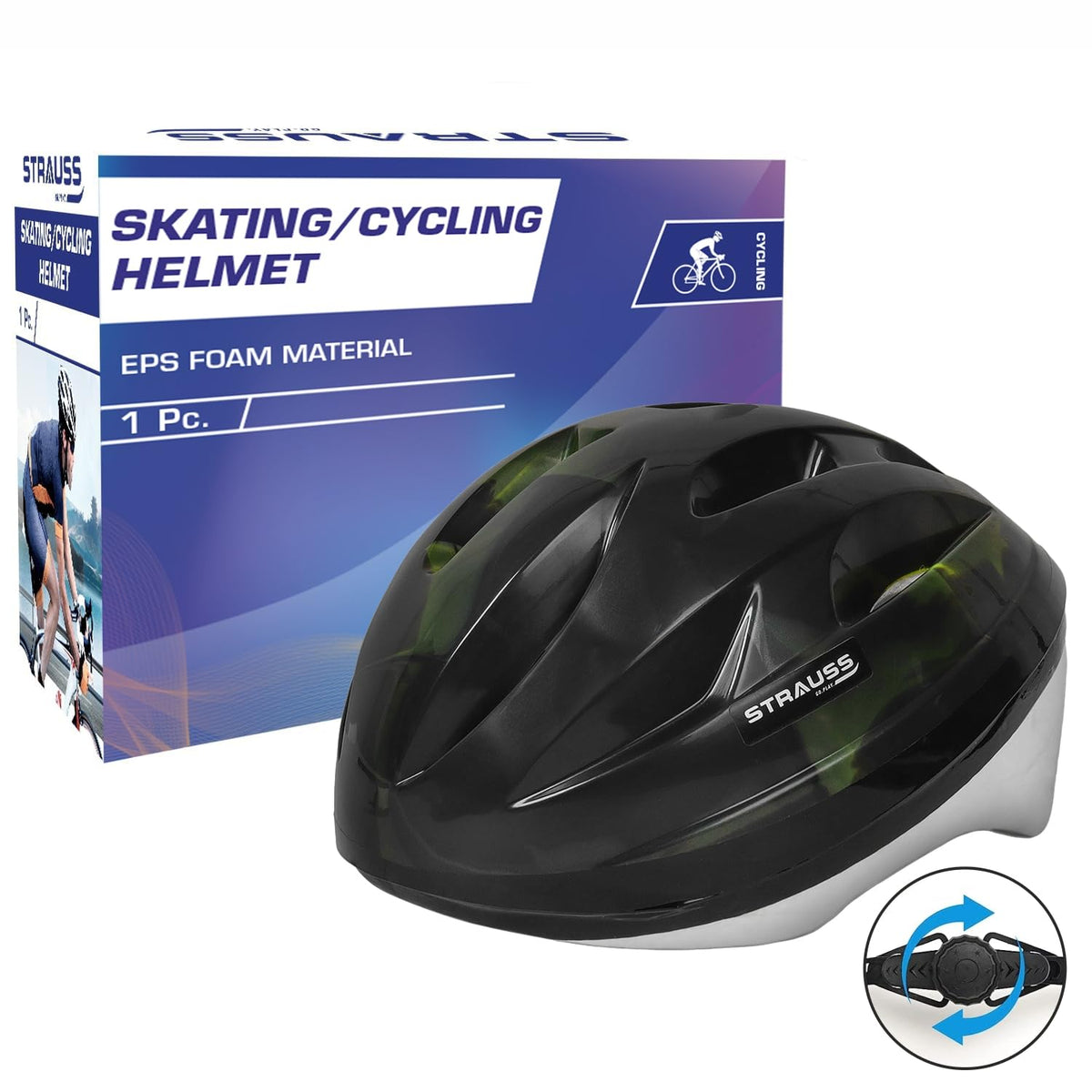 Strauss Adjustable Cycling Helmet , ELITE | Light Weight with Superior Ventilation | Mountain, Road Bike & Skating Helmet With Premium White EPS Foam Lining| Ideal for Adults and Kids|Size: Senior (Black and Green)