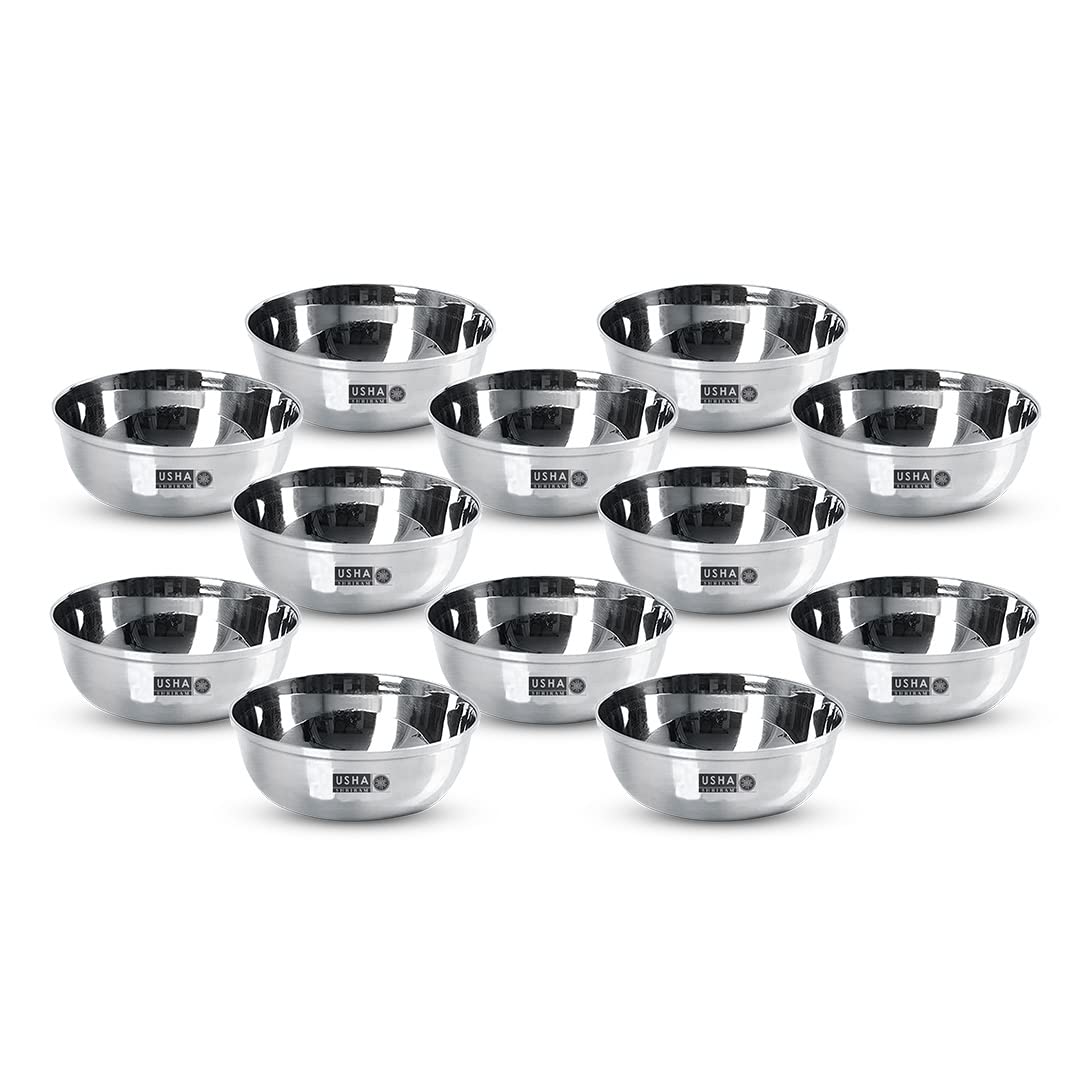 USHA SHRIRAM Stainless Steel Bowl Set (12Pcs) | Family Dinner Gift Set | Steel Katori, Deep Base | Glossy Finish, Durable, Easy to Clean, Stackable (Vati - Set of 12)