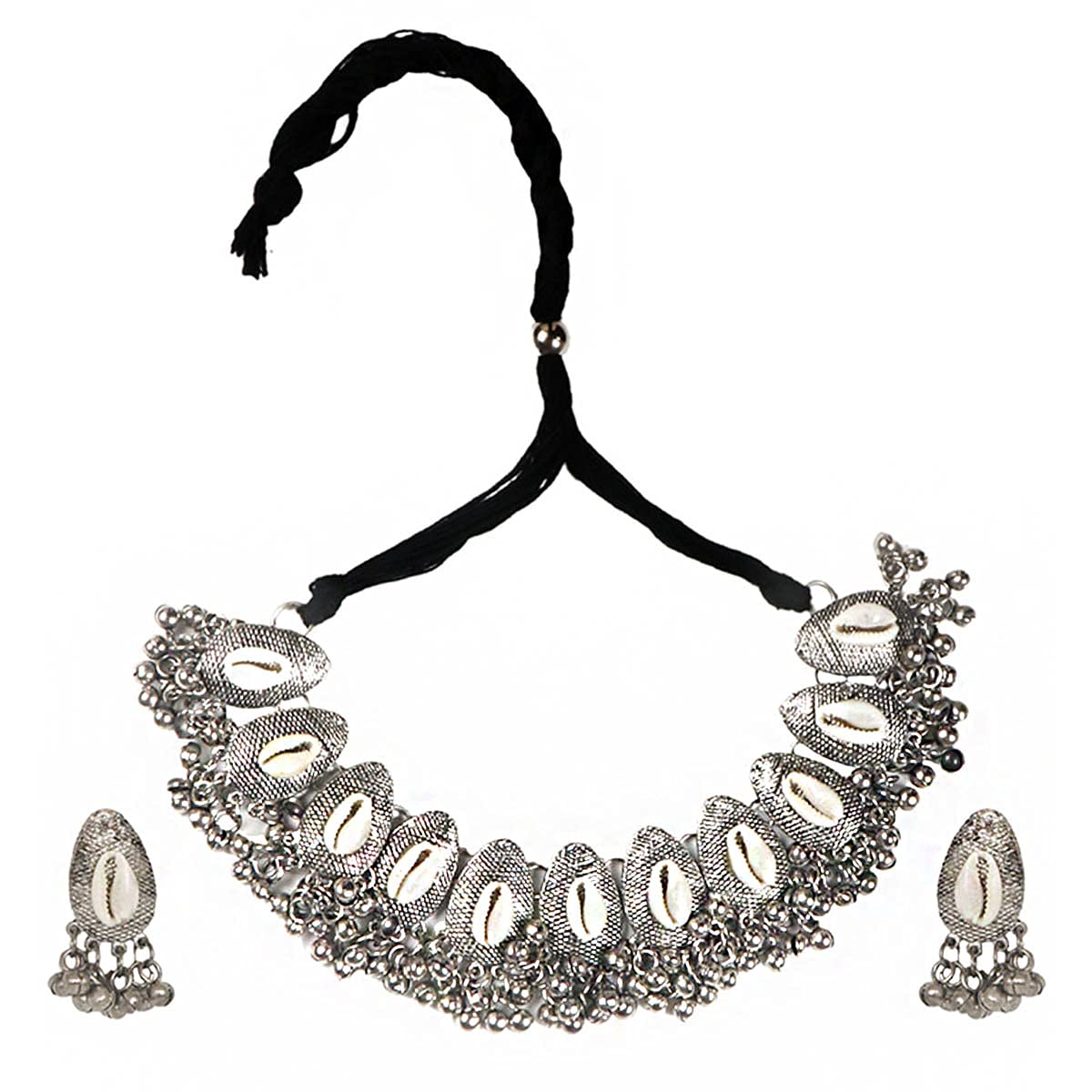 TEEJH Shell Silver Oxidised Necklace Set for Women