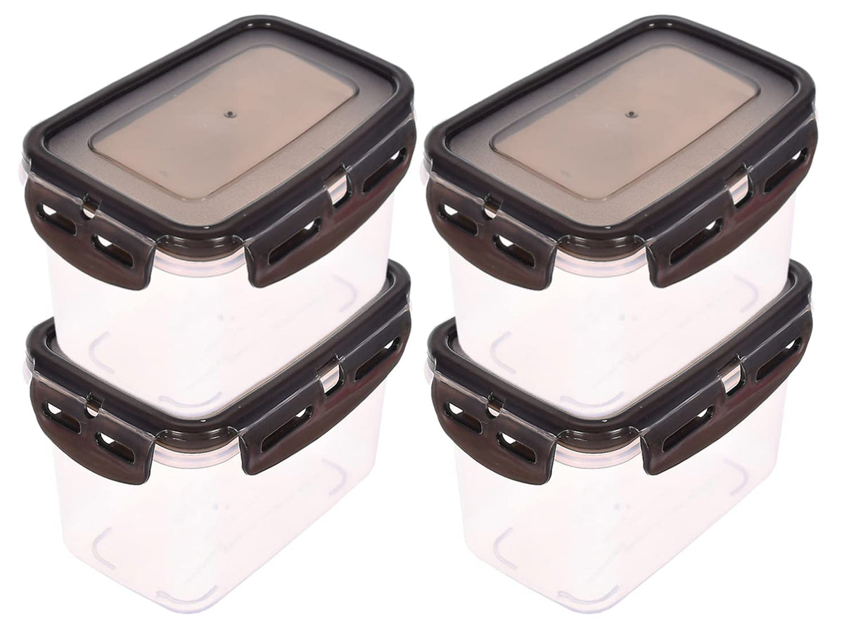 Kuber Industries Plastic Food Storage Container/Box For cookies, nuts, beans, chutneys With Airtight Lock Lid, 600ml Pack of 4 (Black)-46KM0527