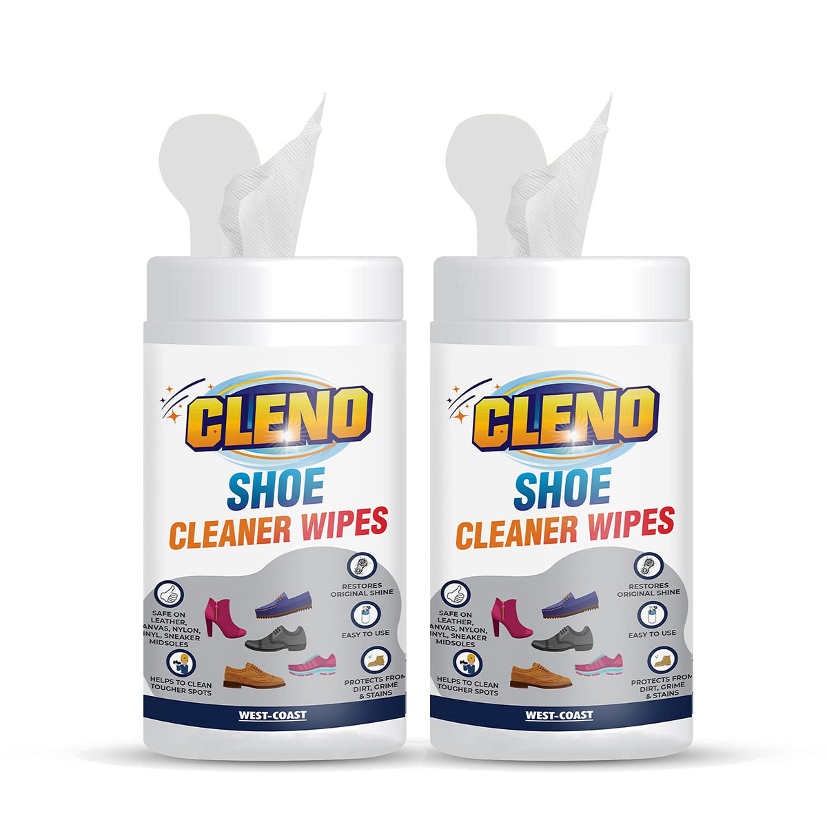 Cleno Shoe Cleaner Wet Wipes for Loafers, Sandals, Slippers, Traditional Footwear, Athletic, Sneakers, White & Golf-Tennis Shoes, Scrub Off Dirt, Mud, Grass Stains - 50 Wipes (Pack of 2,Ready to Use)