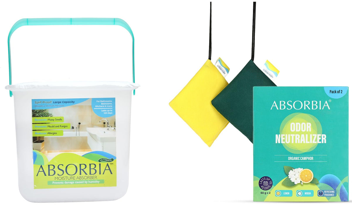 Absorbia Moisture Absorber Ultimate 2000 gms and Absorbia Camphor 60g pack of 2 Mogra Lemon…