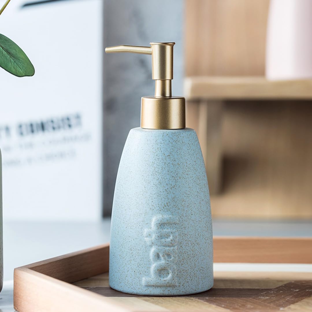 UMAI Liquid Soap Dispenser | Stoneware | Bathroom Sanitizer, Lotion, Shampoo Dispenser | Ceramic Handwash Bottle for Kitchen | Soap Dispenser for Wash Basin | Bathroom Accessories | Blue | 320 ml