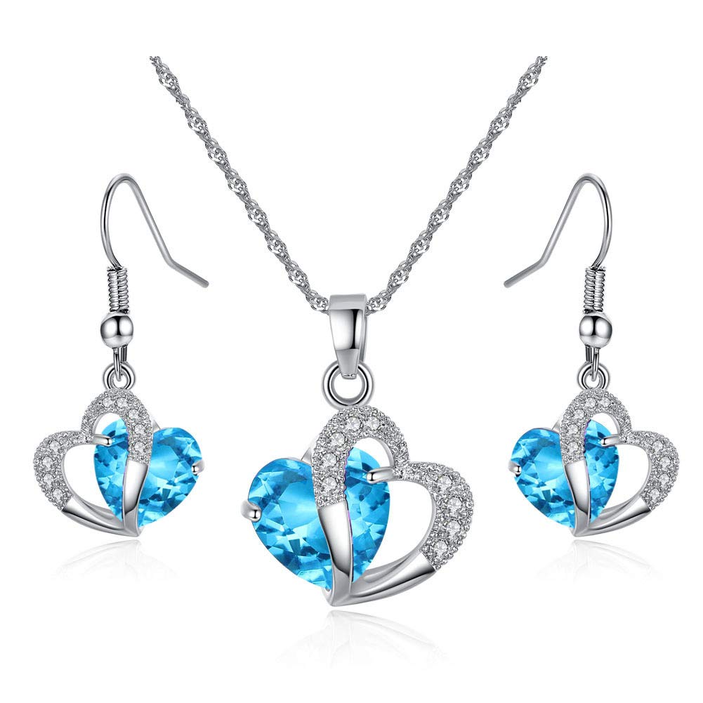 Yellow Chimes Ocean Blue Heart Crystal Pendant Necklace Set for Women and Girls